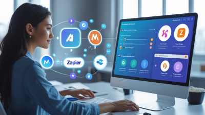 A modern desk setup with Make and Zapier automation workflows connecting productivity apps.